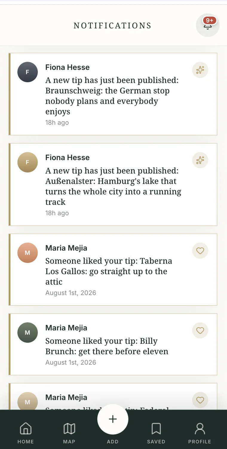 The Good Tip app notifications screen, listing newly published tips from members and likes on your own tips.