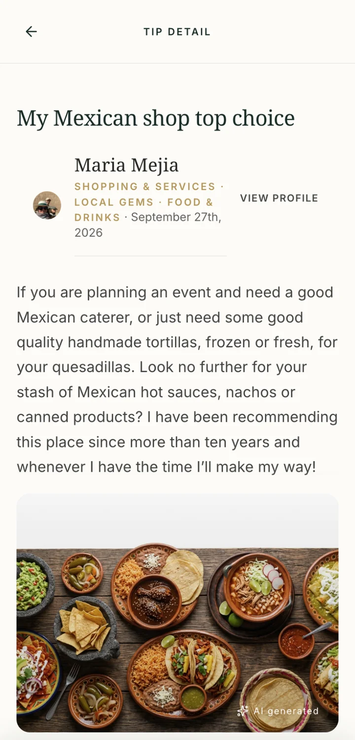 A tip inside The Good Tip app: My Mexican shop top choice, with the member's recommendation and a photo.