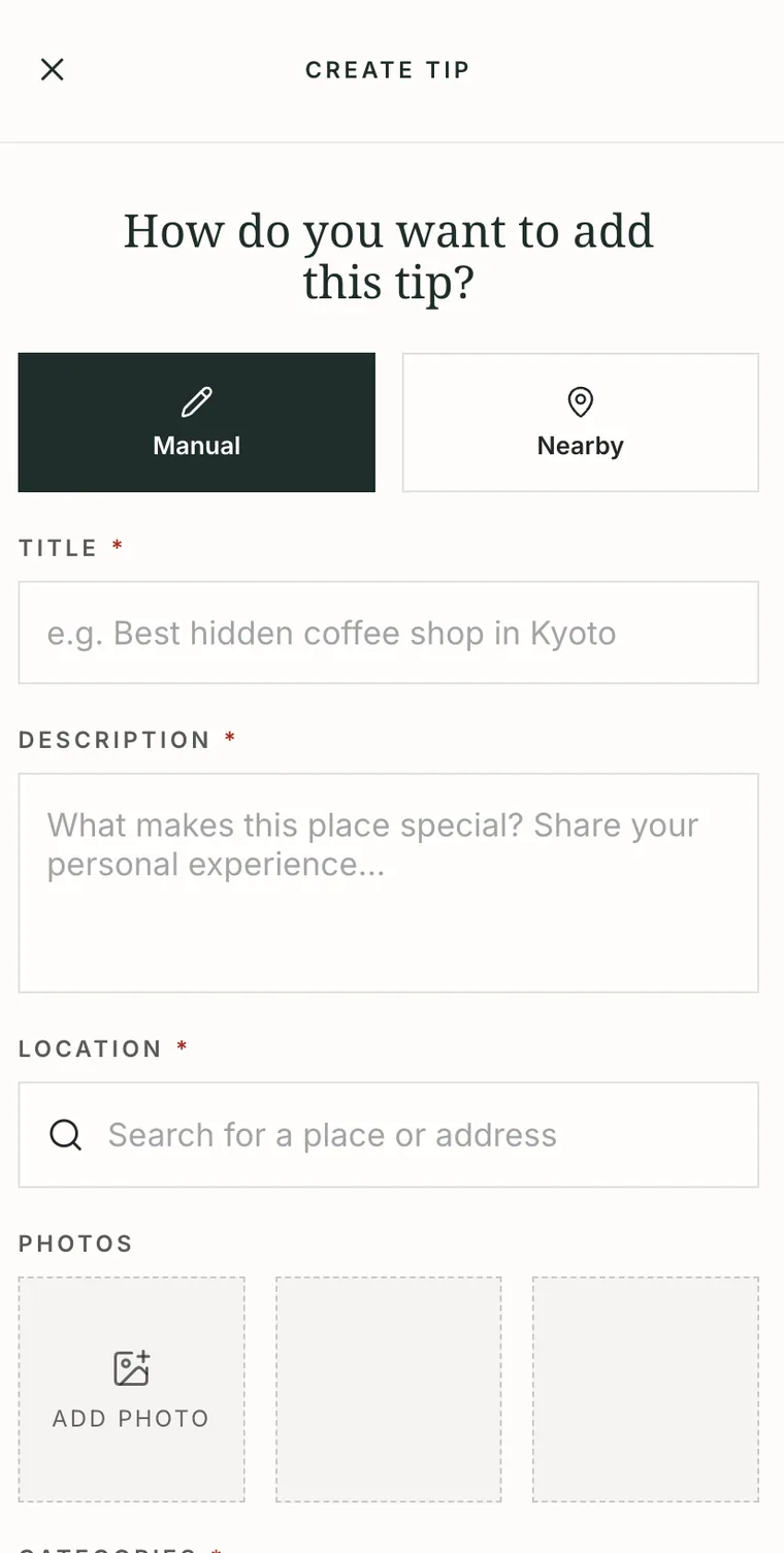 The Good Tip app create-tip form, with fields for title, description, location, photos and categories.