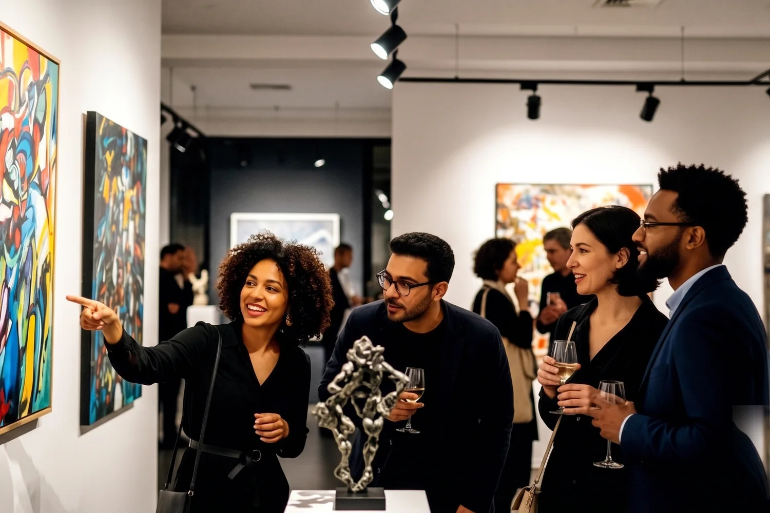 People admiring artwork together at a gallery opening.